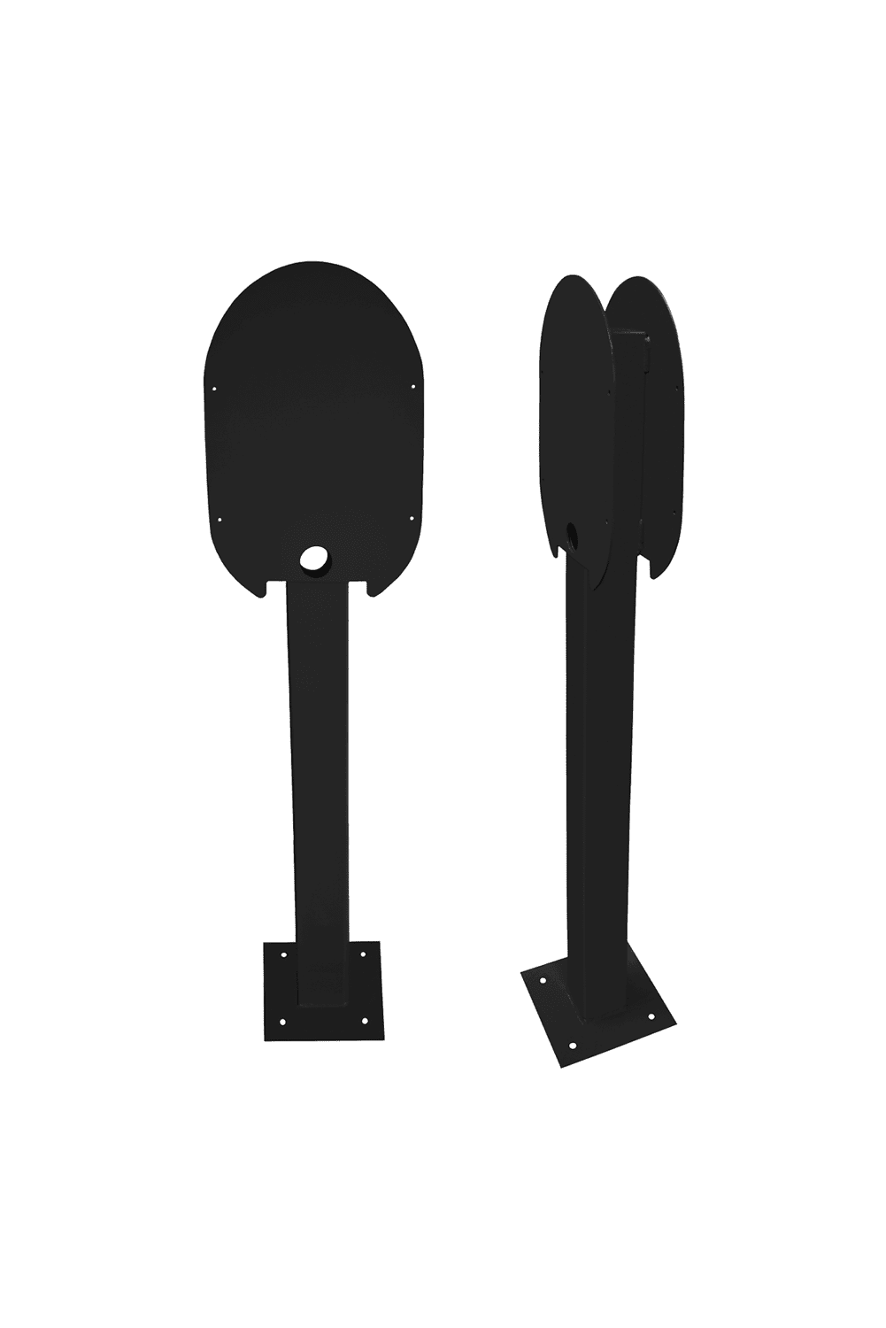 ON-EV charger mounting post front and side views, black teardrop-shaped pedestal with rectangular post and floor baseplate
