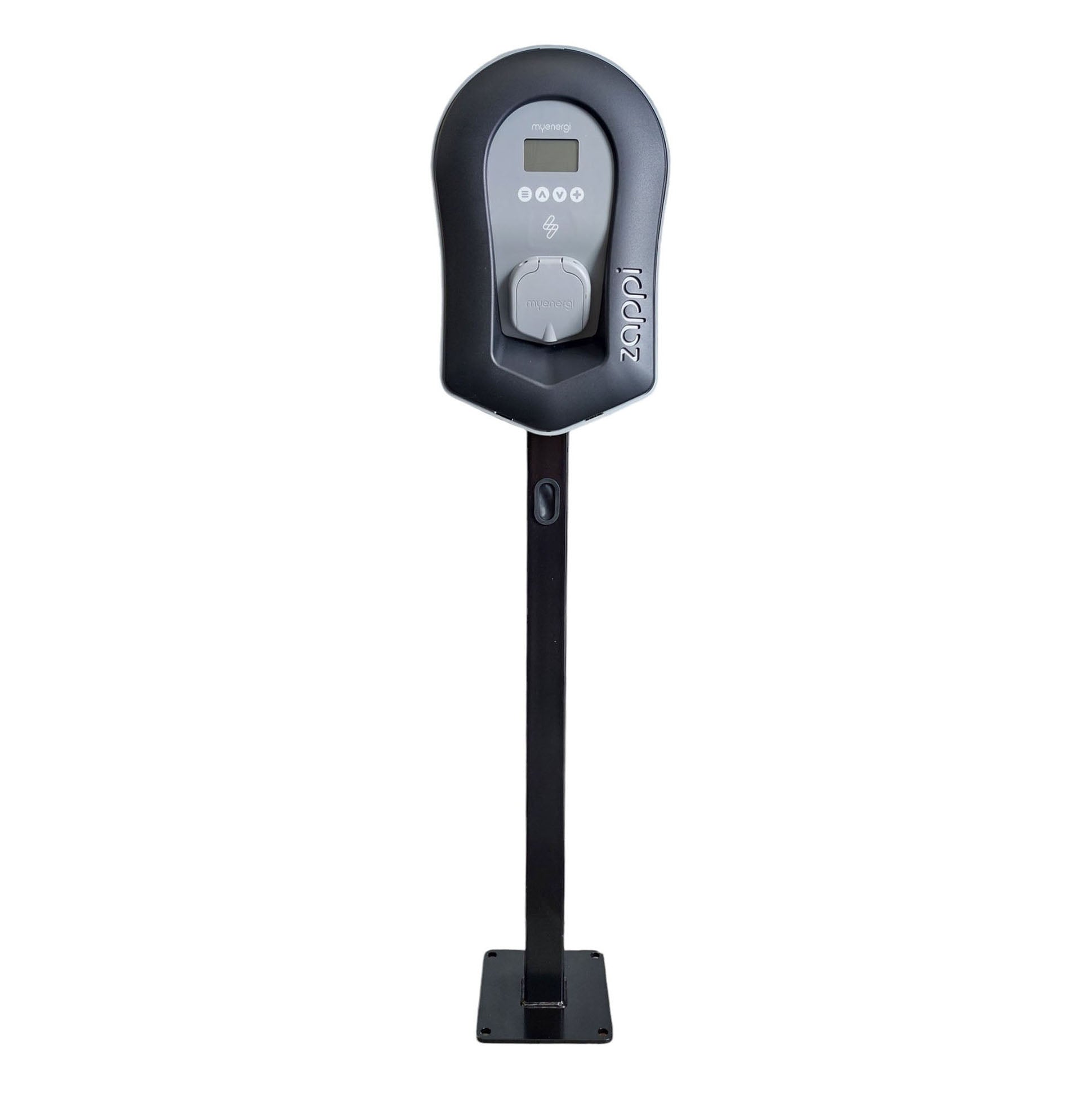 Myeneri Zappi Home 7kW EV charger on EV pedestal stand, front view on white background