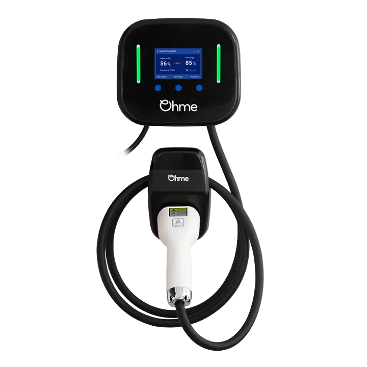 An Omhe electric vehicle charging station with a black control unit displaying a blue screen and green indicator lights, connected to a black charging cable with a white and black connector, shown on a plain white background.