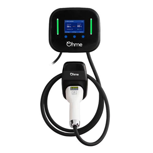 An Omhe electric vehicle charging station with a black control unit displaying a blue screen and green indicator lights, connected to a black charging cable with a white and black connector, shown on a plain white background.