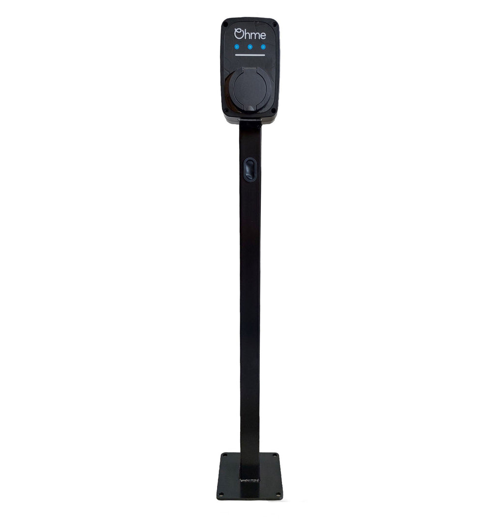 Ohme Epod Mini EV 7kW EV home charger on EV pedestal stand, front view on white background
