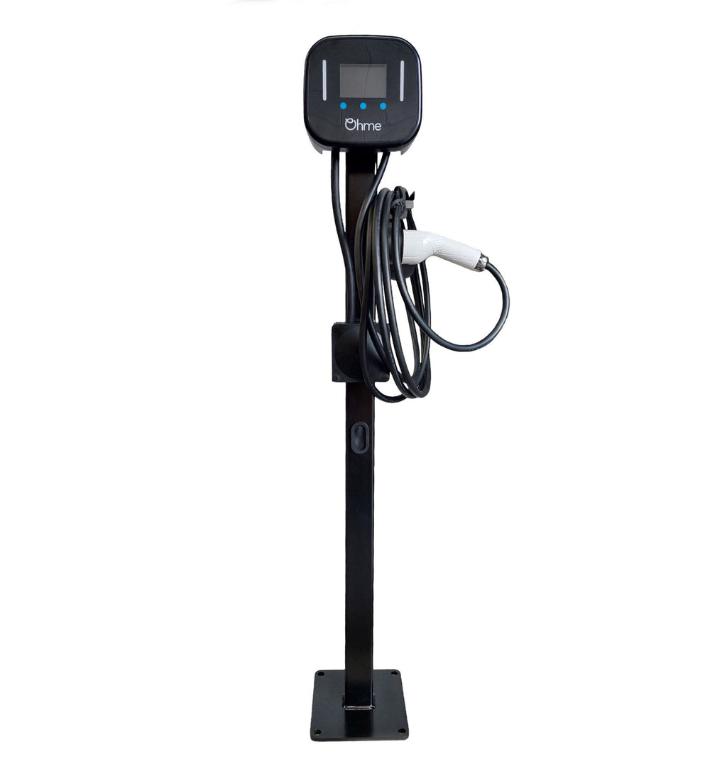 Ohme Home Home Pro 7kW EV charger on pedestal stand, front view on white background