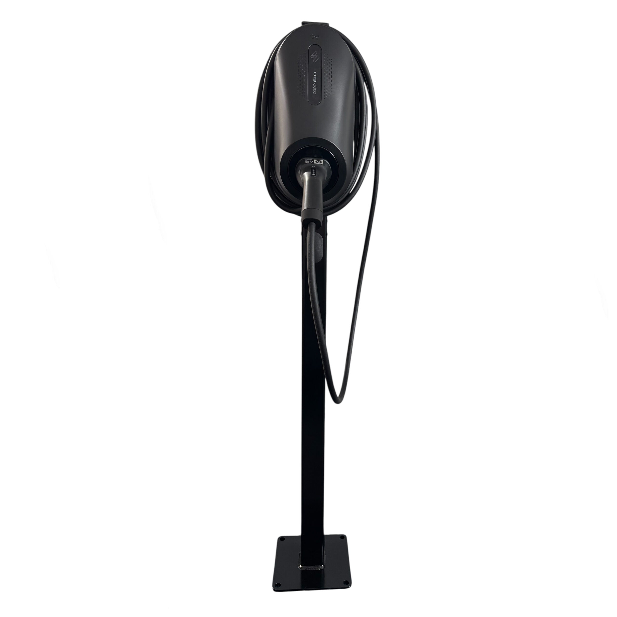 Myenergi Zappi GLO dark grey tethered EV charger on pedestal stand front view on white background