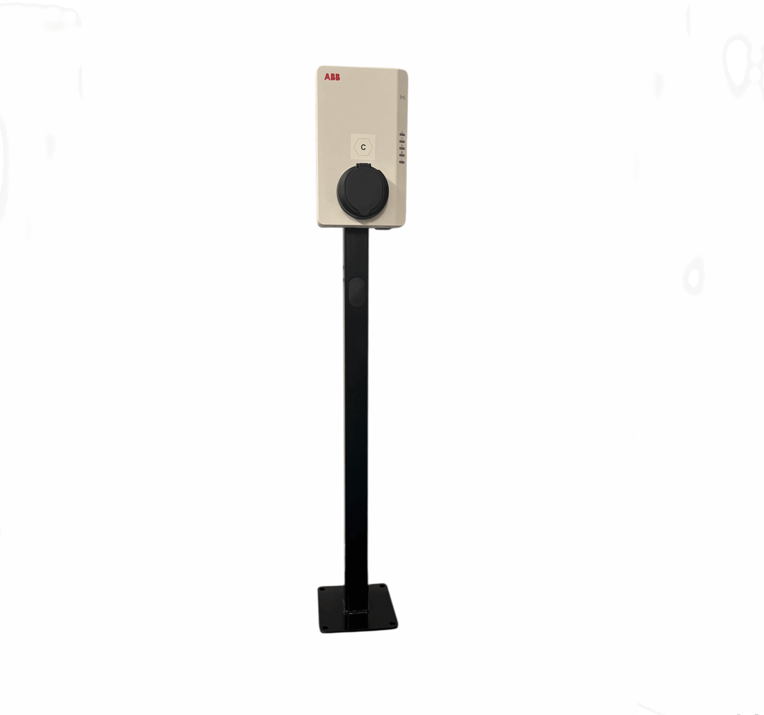 ABB Terra AC white EV charger on pedestal stand front view on white background
