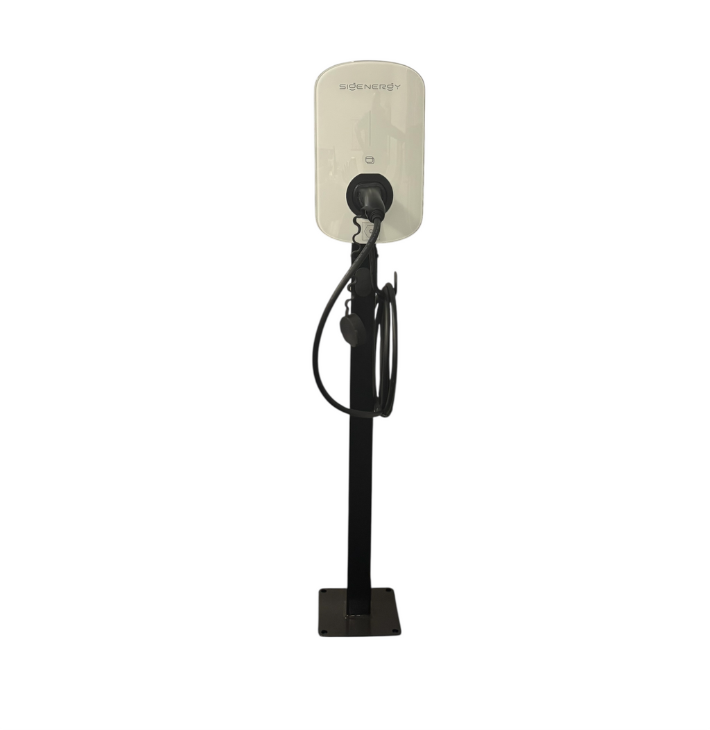 Sid Energy cream white EV charger on pedestal stand with tethered cable front view on white background