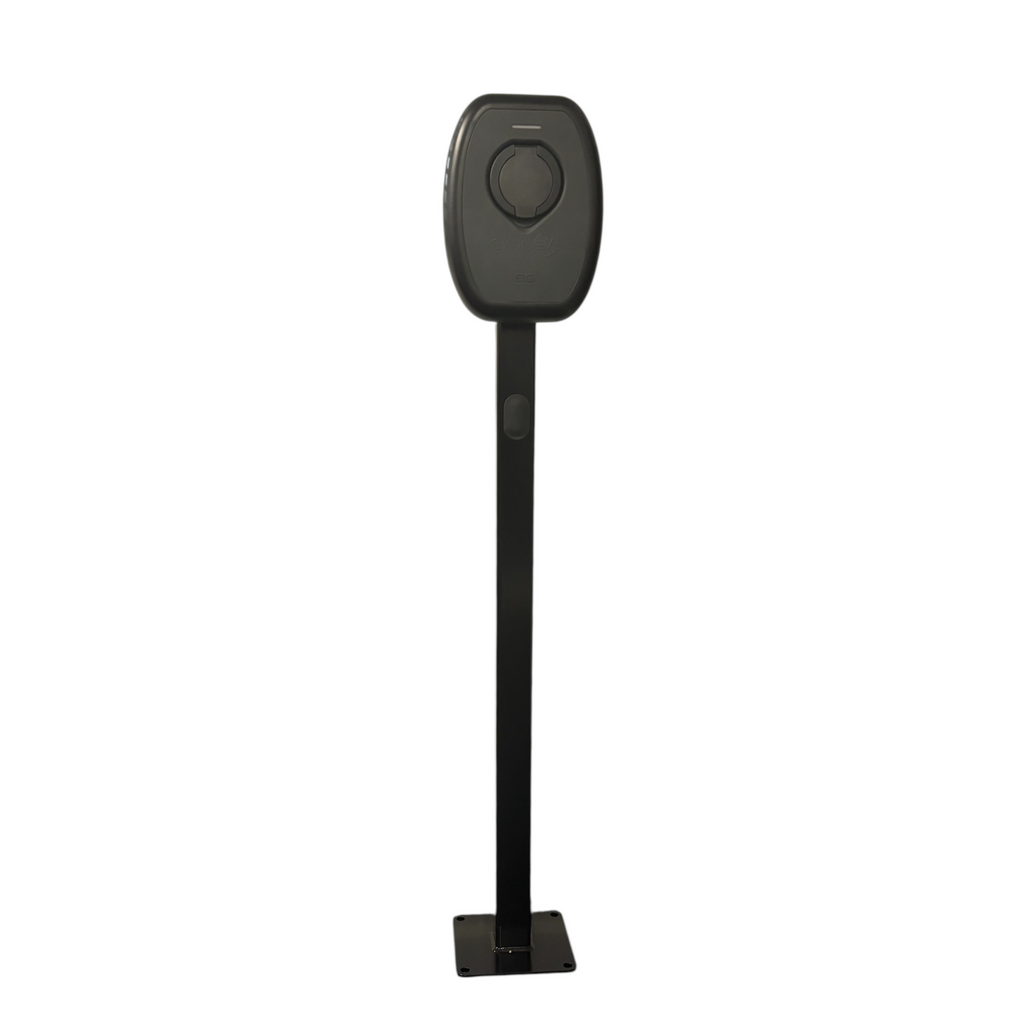 EO Mini Pro 3 7kW black EV charger on pedestal stand front view on white background