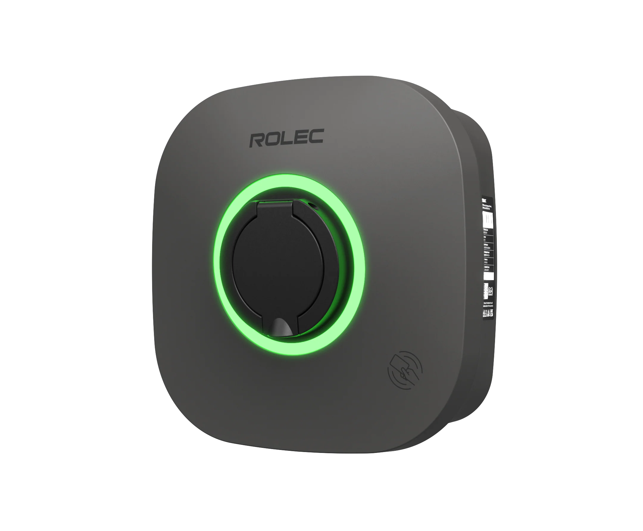 Rolec EVO 7kW British-made home EV charger in dark grey, three-quarter view with ROLEC logo, glowing green LED ring around Type 2 socket cover and RFID reader icon