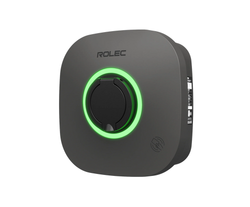 Rolec EVO 7kW British-made home EV charger in dark grey, three-quarter view with ROLEC logo, glowing green LED ring around Type 2 socket cover and RFID reader icon