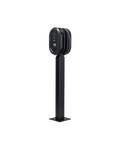 Two Ratio iO6 EV chargers mounted back-to-back on black ON-EV pedestal post with floor baseplate, twin install configuration