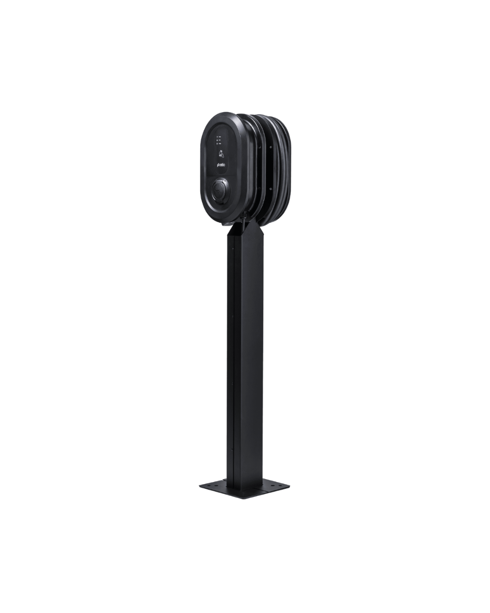Two Ratio iO6 EV chargers mounted back-to-back on black ON-EV pedestal post with floor baseplate, twin install configuration