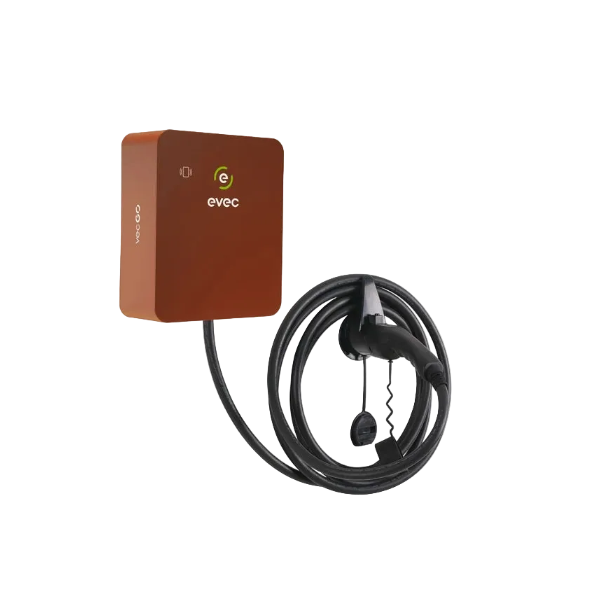 Evec Go EV charger in terracotta red with tethered coiled charging cable - UK home charging point