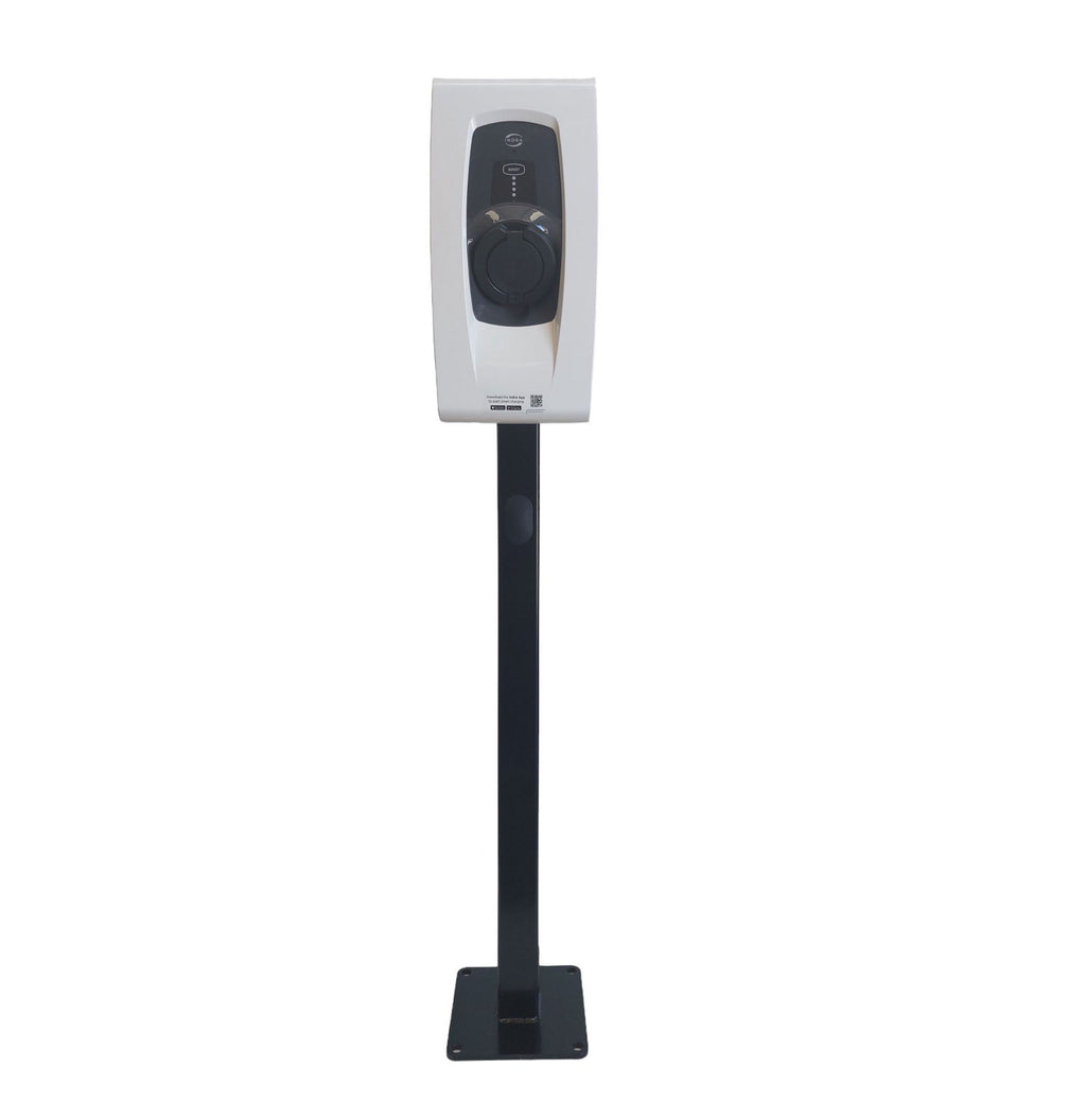 Indra Smart Pro white untethered EV charger on pedestal stand front view on white background