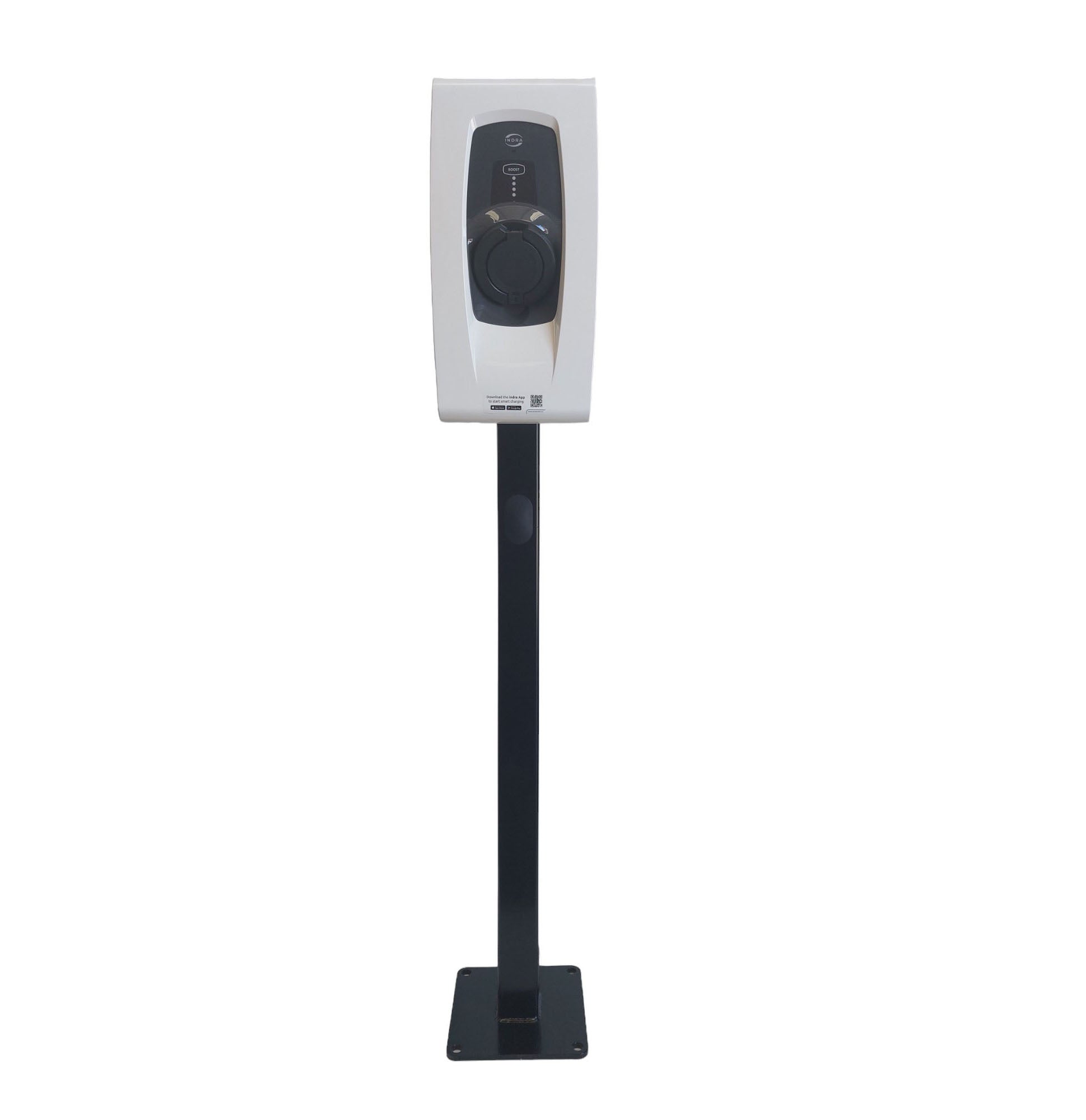 Indra Smart Pro white untethered EV charger on pedestal stand front view on white background