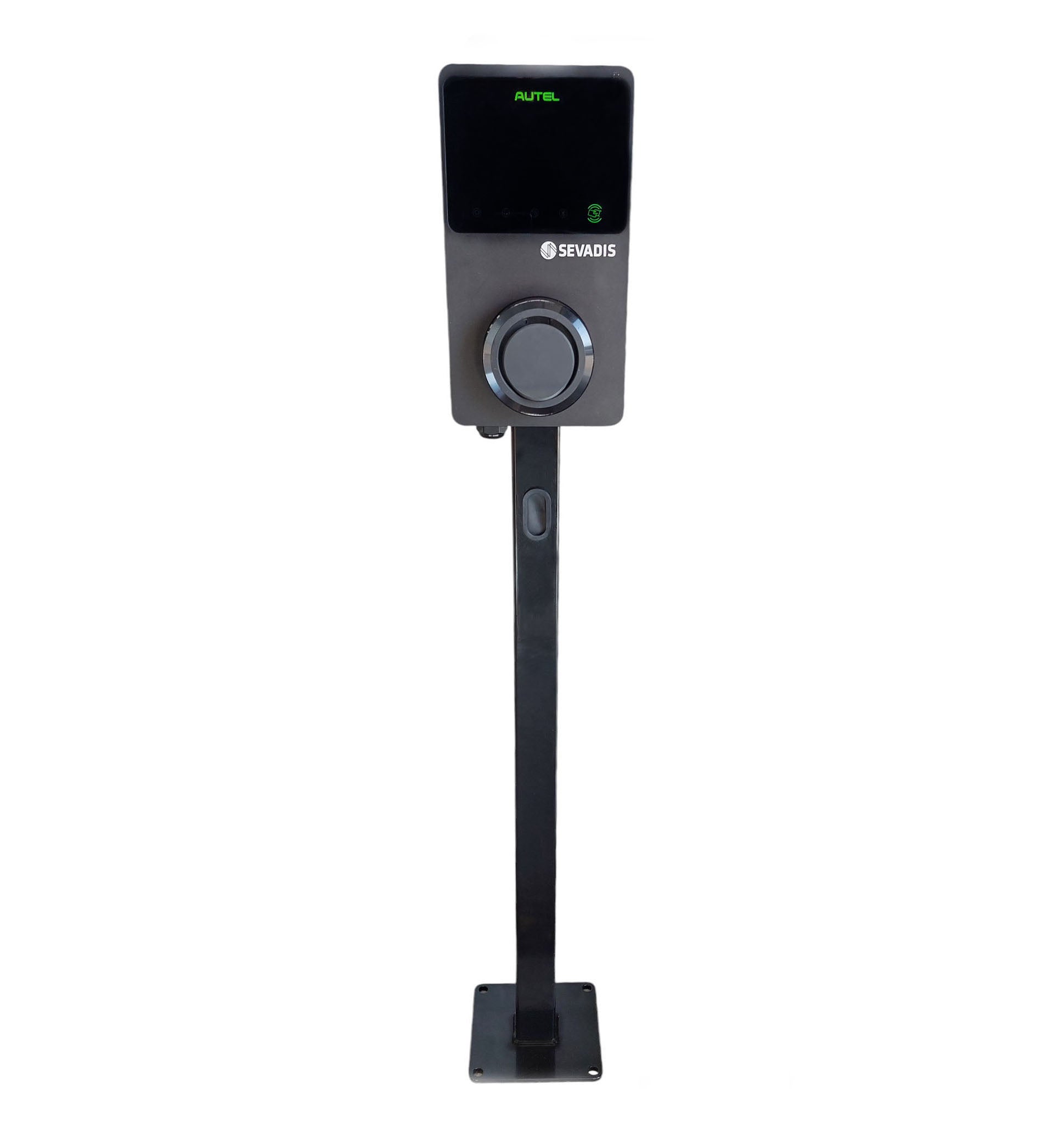 Sevadis Autel MaxiCharger black EV charger on pedestal stand with RFID reader front view on white background
