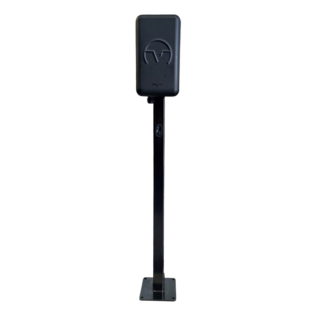 VChrgd black EV charger on pedestal stand front view on white background
