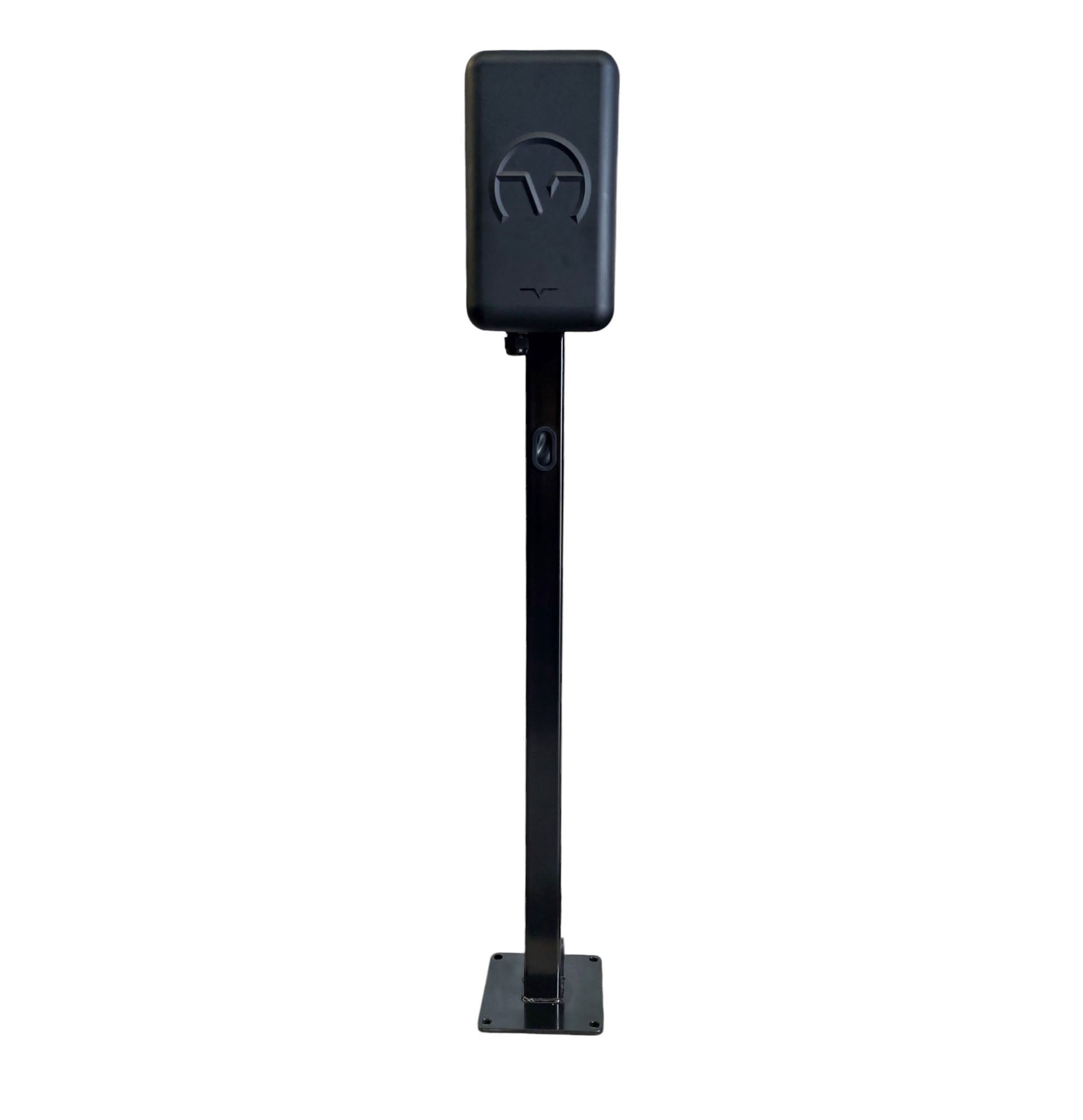 VChrgd black EV charger on pedestal stand front view on white background