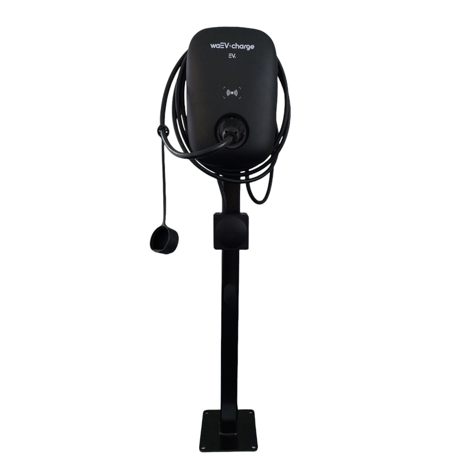 WaEV Charge black EV charger on pedestal stand with tethered cable front view on white background
