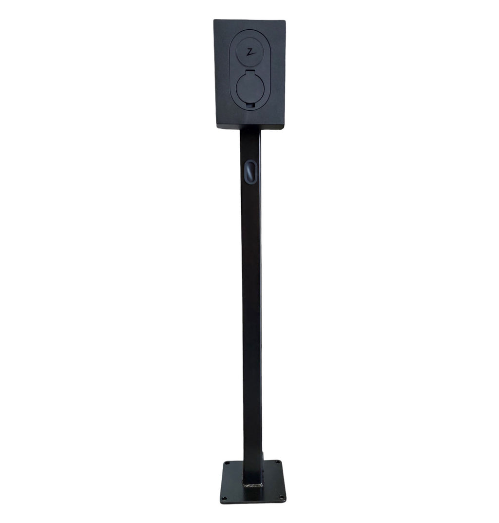 Zaptec Go black EV charger on pedestal stand front view on white background