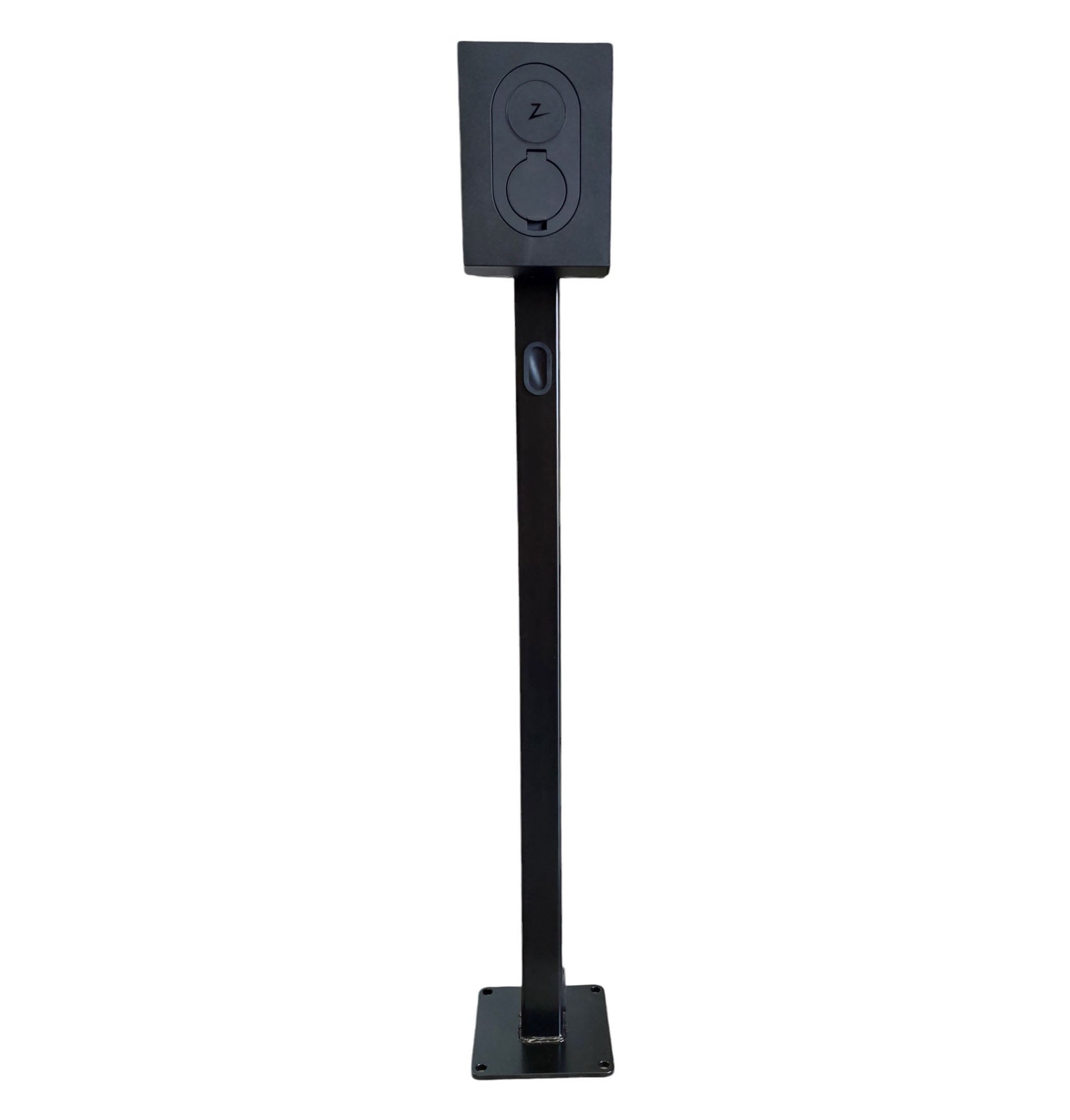 Zaptec Go black EV charger on pedestal stand front view on white background