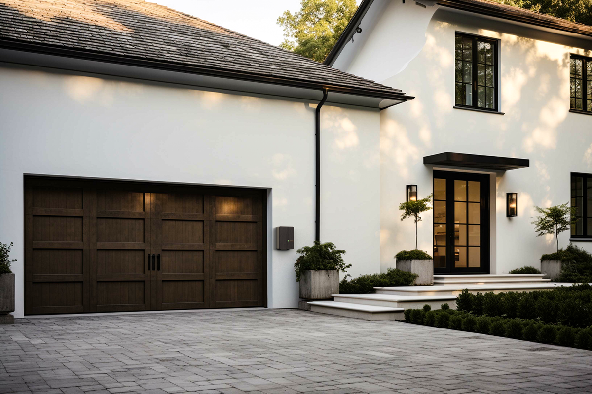Dark grey EV charger installed at luxury home entrance beside garage - buy home charging station