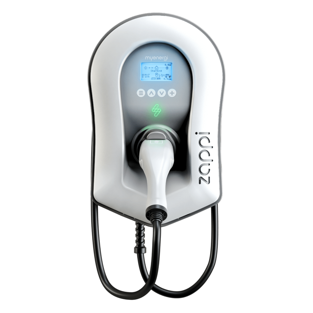 Myenergi Zappi 7kW white tethered Type 2 EV charger with LCD display and cable connector front view on transparent background