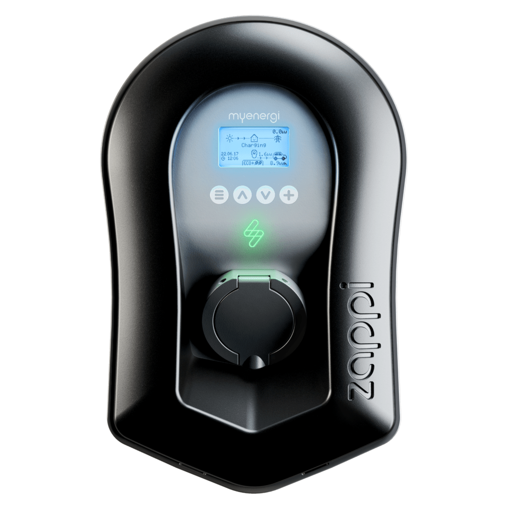 Myenergi Zappi black untethered 7kW EV charger with LCD display front view on transparent background