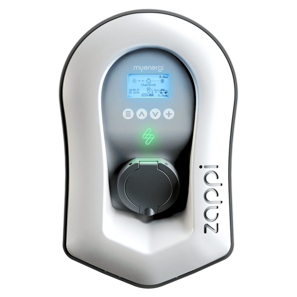 Myenergi Zappi white untethered 7kW EV charger with LCD display front view on transparent background
