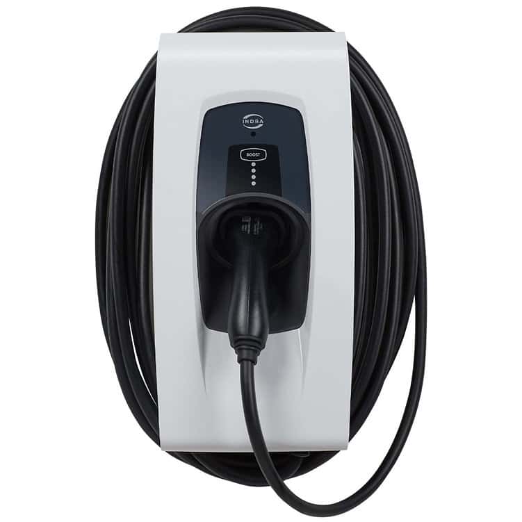 Indra Smart LUX white EV charger with tethered cable wrapped around it front view on white background
