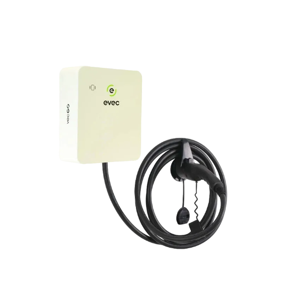 Evec Go EV charger in white with tethered coiled charging cable - UK home charging point