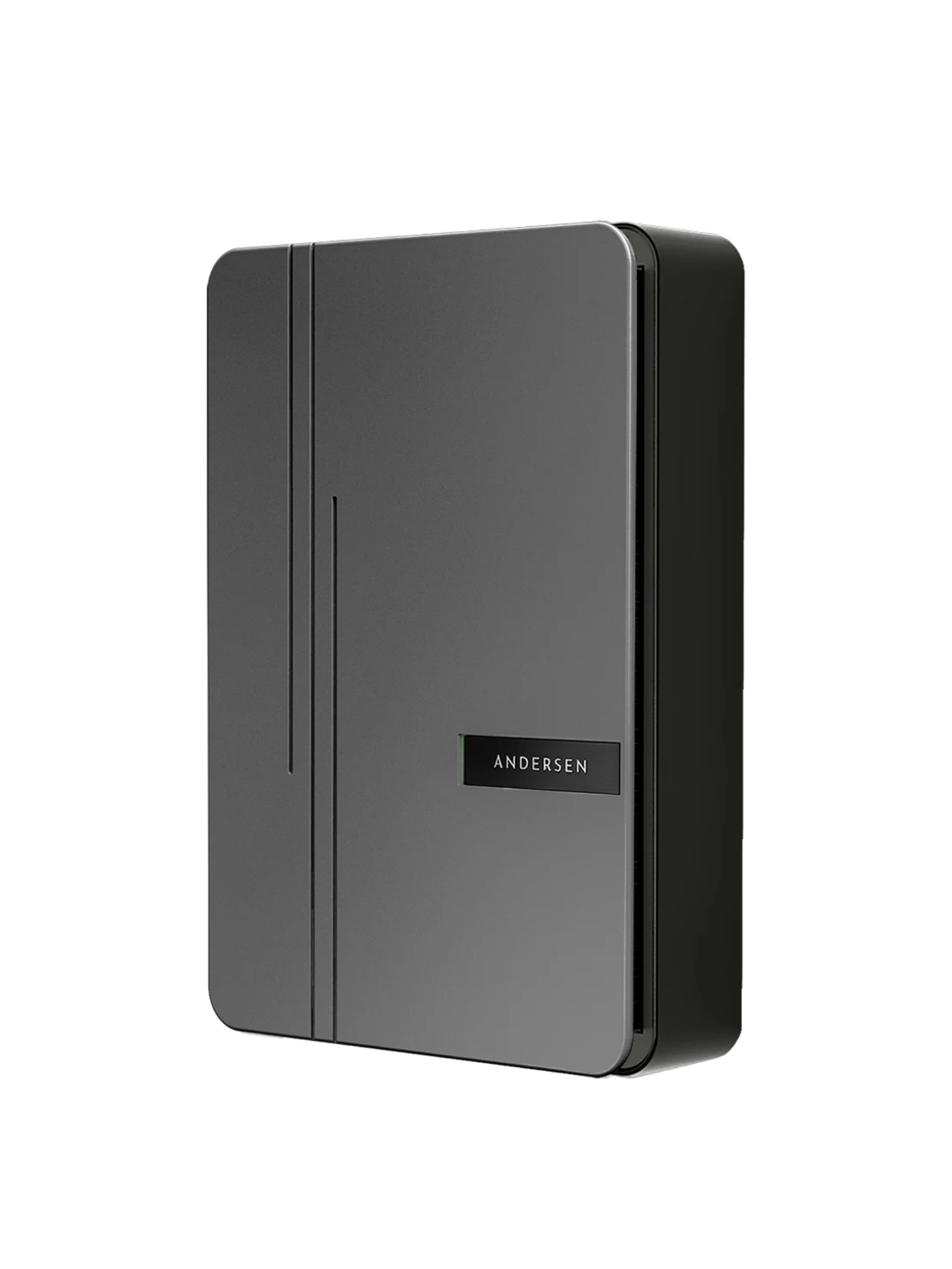 Andersen A3 premium home EV charger in graphite grey with hidden cable storage compartment, slim aluminium body and ANDERSEN nameplate on lower right