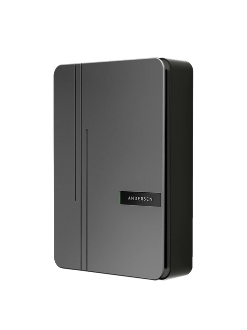 Andersen A3 premium home EV charger in graphite grey with hidden cable storage compartment, slim aluminium body and ANDERSEN nameplate on lower right