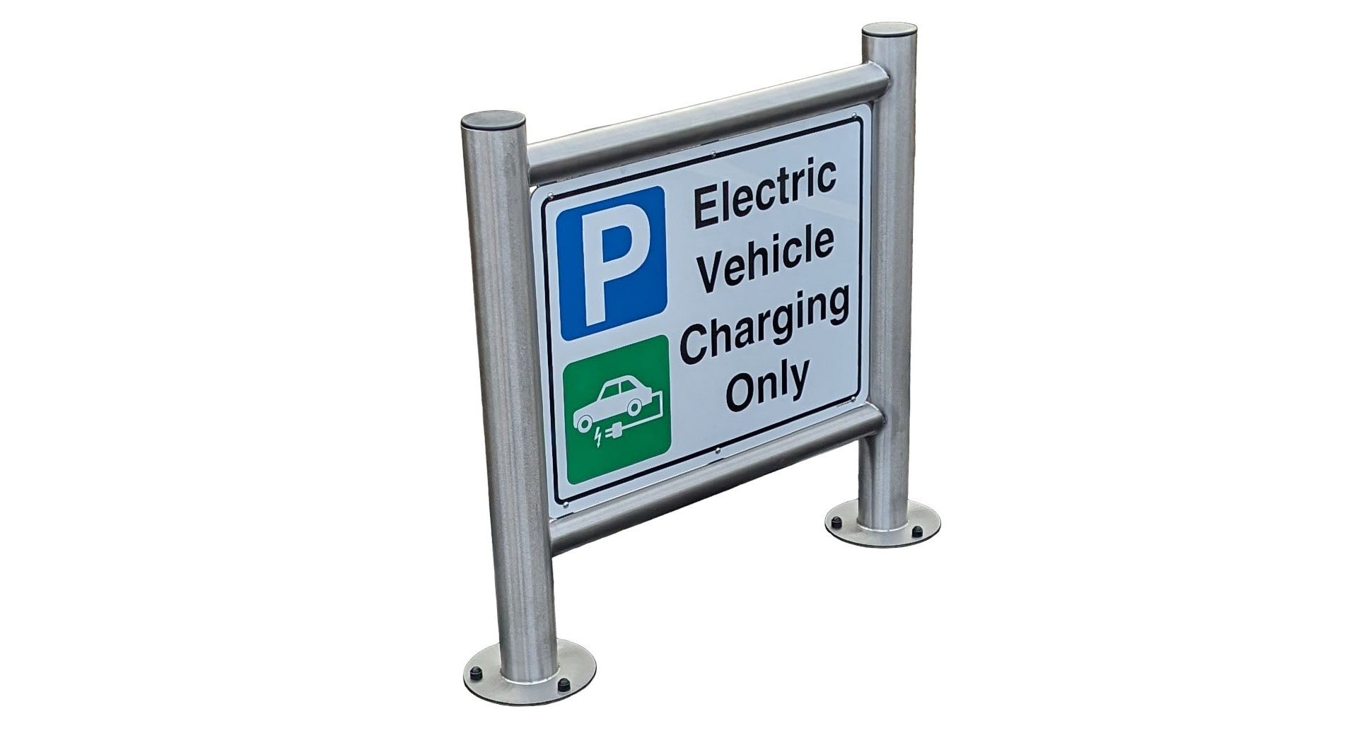 B&S Signs large format Electric Vehicle Charging Only parking sign on galvanised posts angled side view