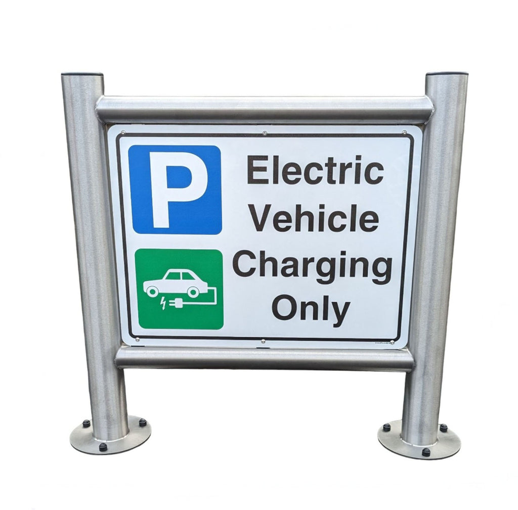 Large format EV charging only parking sign on galvanised post frame with blue P and green EV symbol