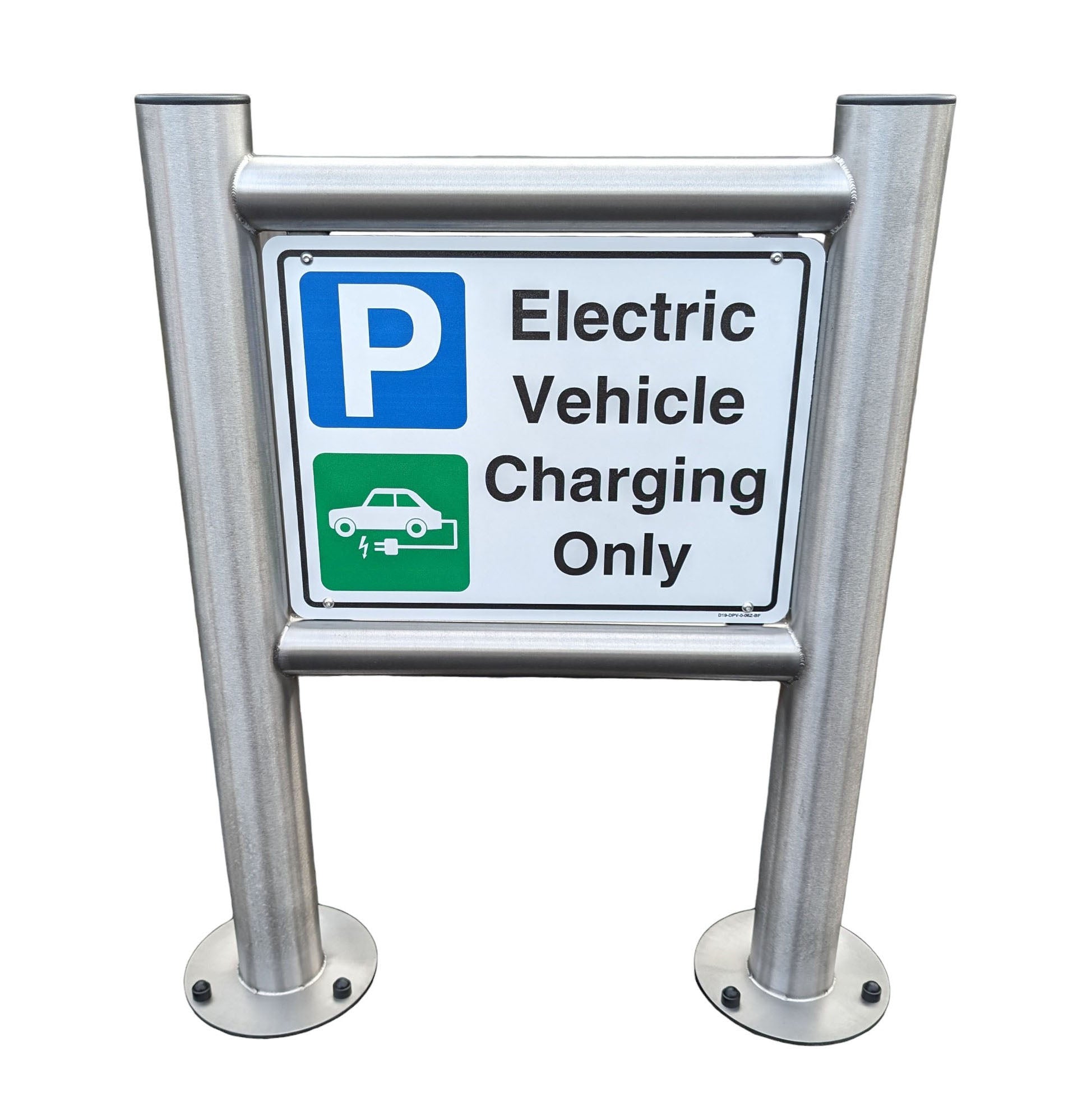 B&S Signs small format Electric Vehicle Charging Only parking sign on galvanised posts front view with blue P and green EV symbol