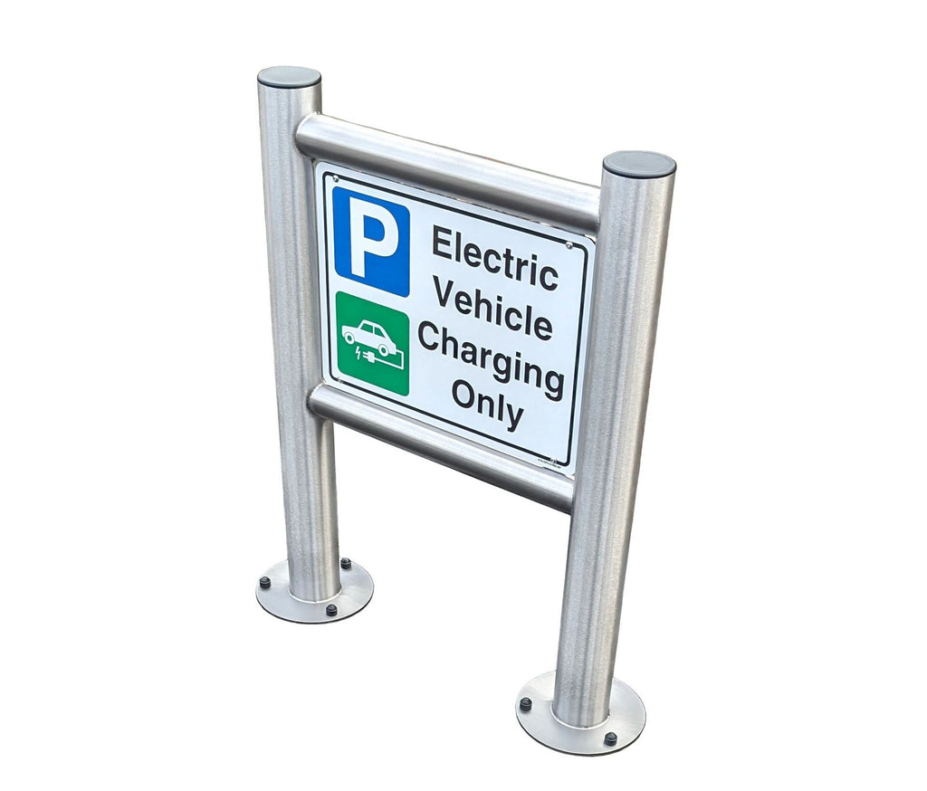 Small format EV charging only parking sign on galvanised posts angled view with blue P and green EV symbol