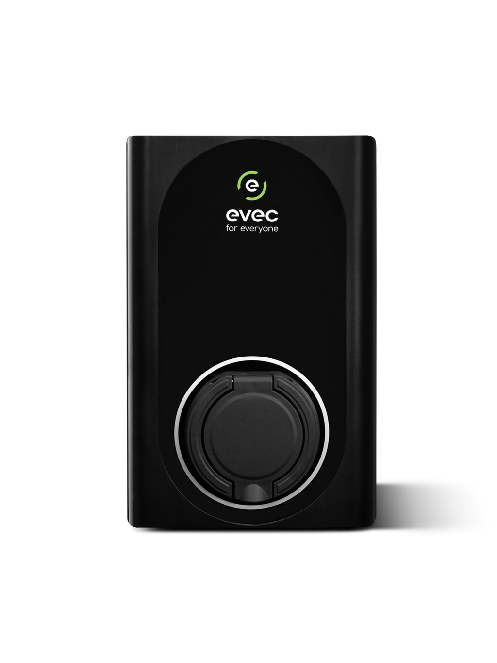 EVEC For Everyone untethered home EV charger in matte black, front view with green evec logo and round Type 2 socket cover with chrome ring