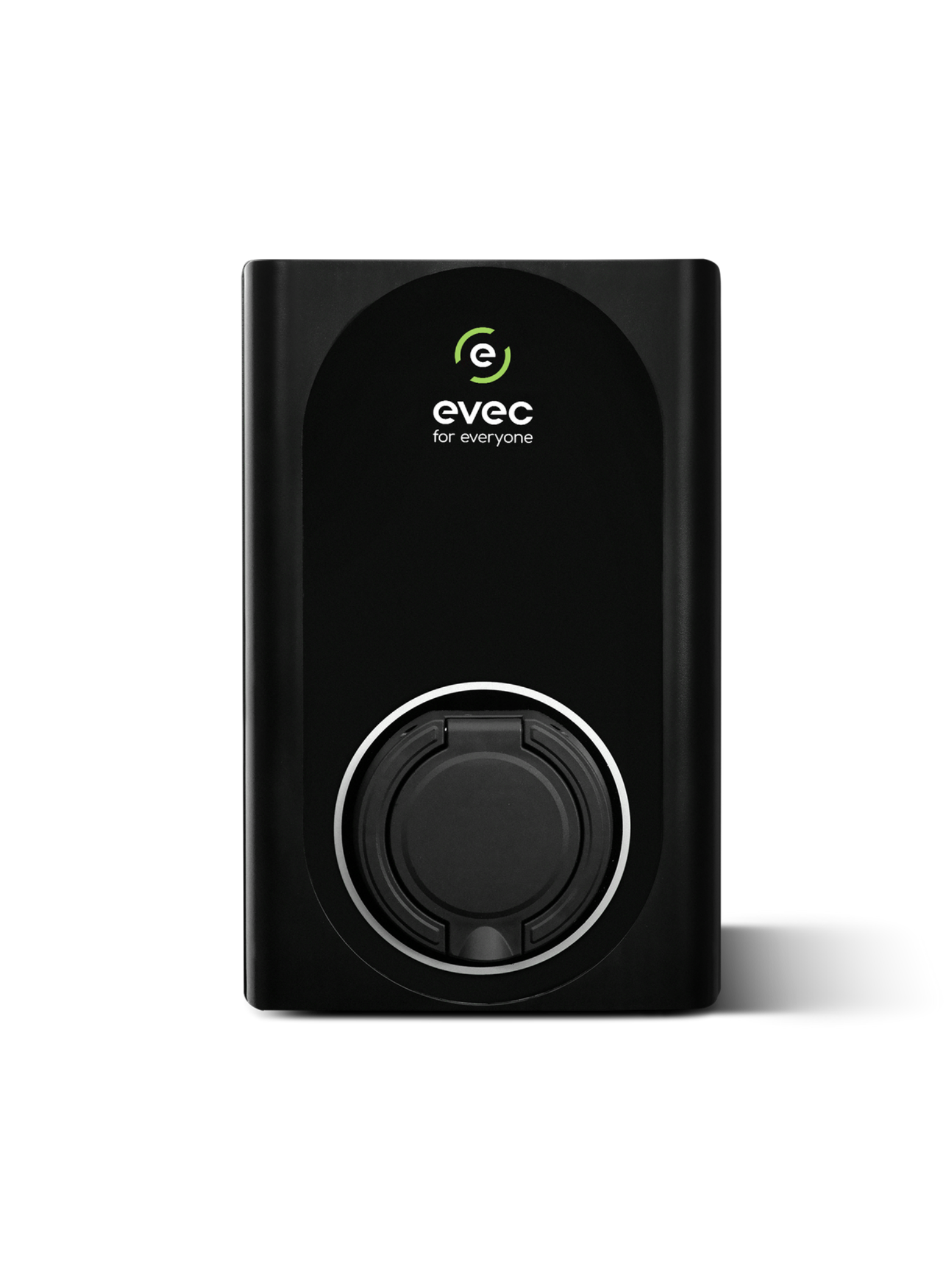 EVEC For Everyone untethered home EV charger in matte black, front view with green evec logo and round Type 2 socket cover with chrome ring