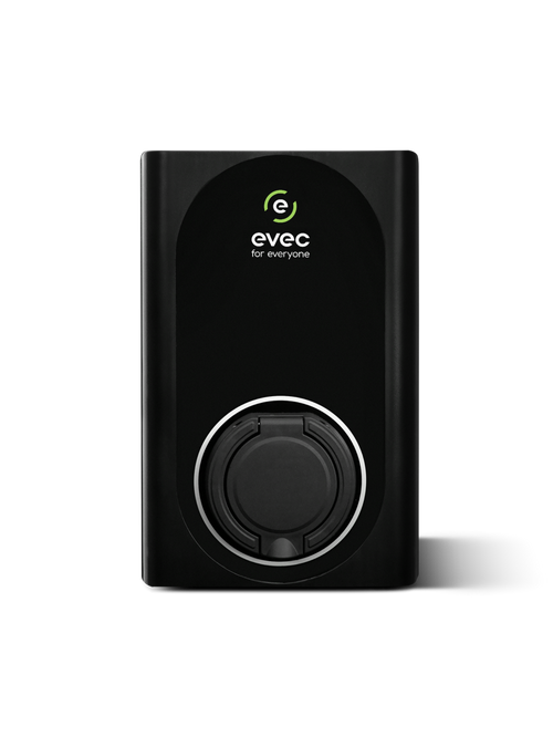 EVEC For Everyone untethered home EV charger in matte black, front view with green evec logo and round Type 2 socket cover with chrome ring