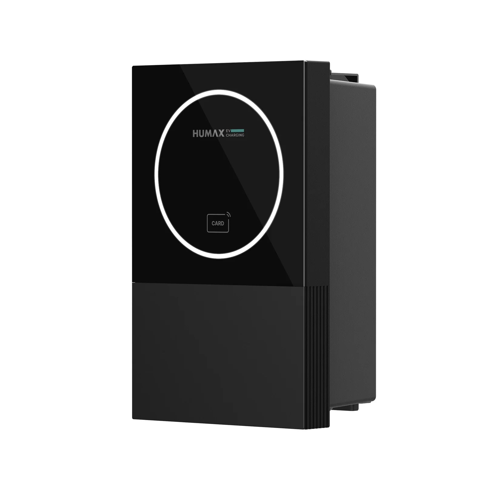 Humax EV Charging home EV charger in black, three-quarter view with glossy panel, white circular LED ring, HUMAX wordmark and CARD RFID icon