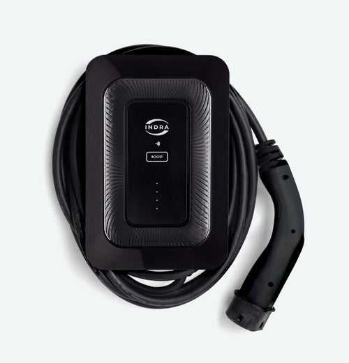 Indra Smart LUX tethered home EV charger in black with sunburst-textured front, INDRA logo, BOOST button and full Type 2 cable coiled around the unit