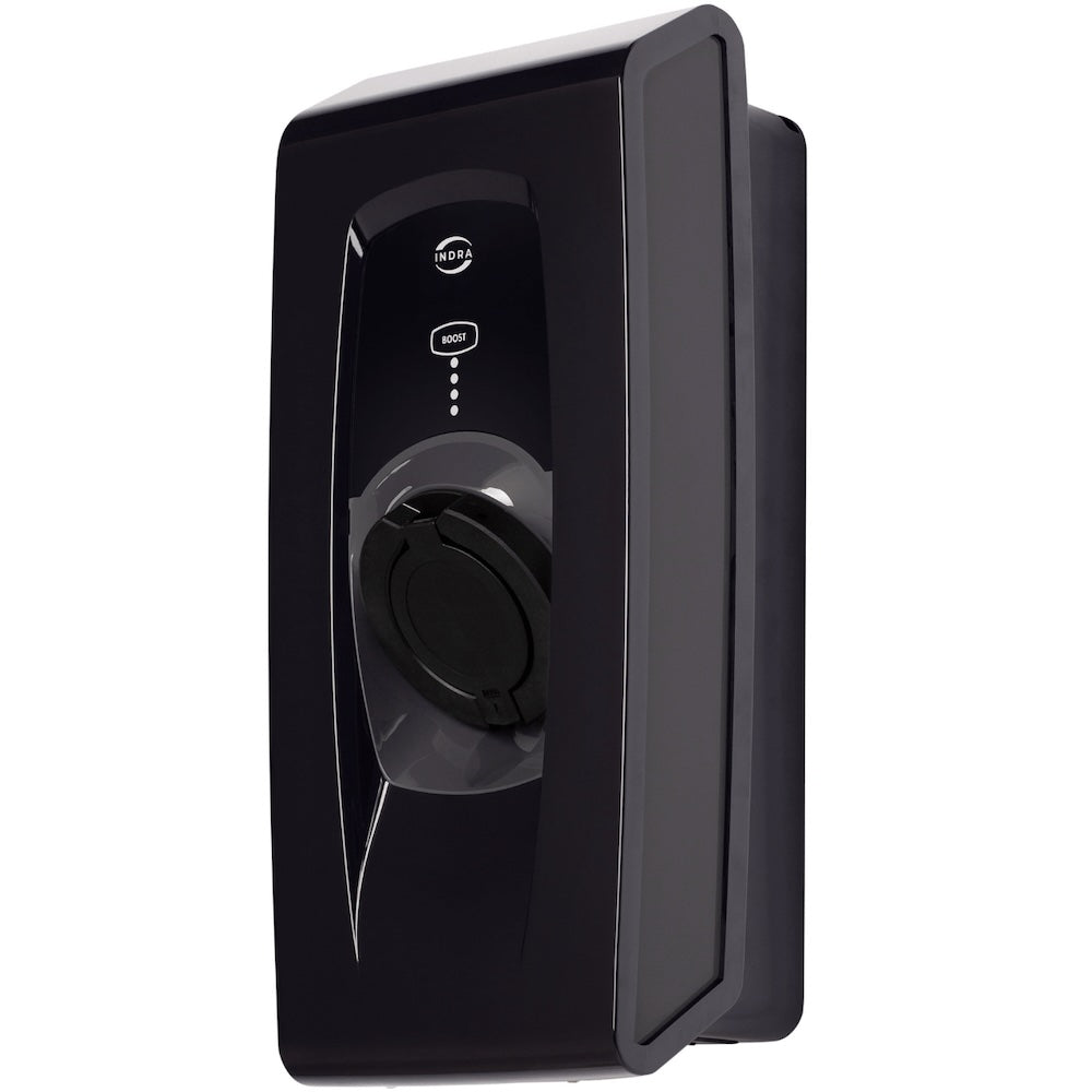 Indra Smart PRO untethered home EV charger in glossy black, three-quarter view with INDRA logo, BOOST button and round Type 2 socket cover