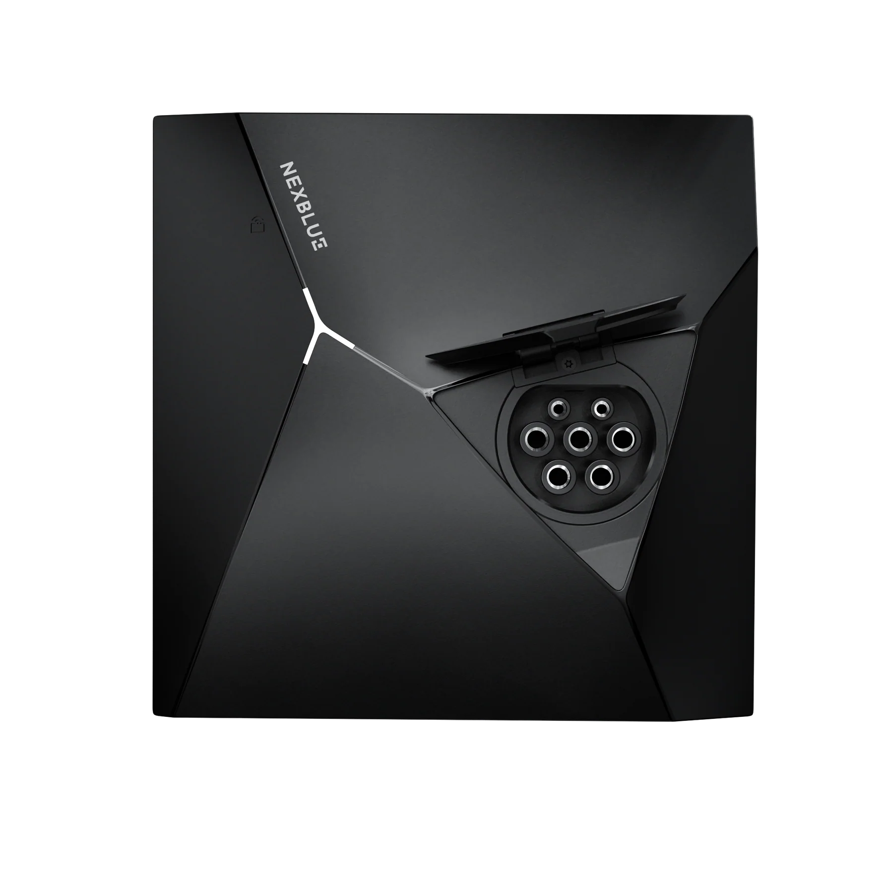 NexBlue Point home EV charger in matte black with faceted angular body, NEXBLUE wordmark and open Type 2 socket showing pinhole pattern inside triangular recess