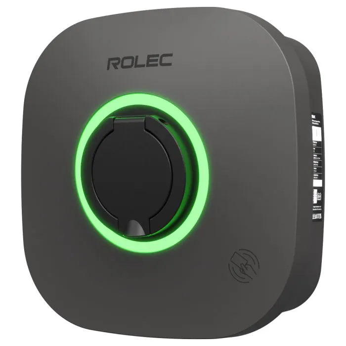Rolec EVO 7kW British-made home EV charger in dark grey, three-quarter view with ROLEC logo, glowing green LED ring around Type 2 socket cover and RFID reader icon