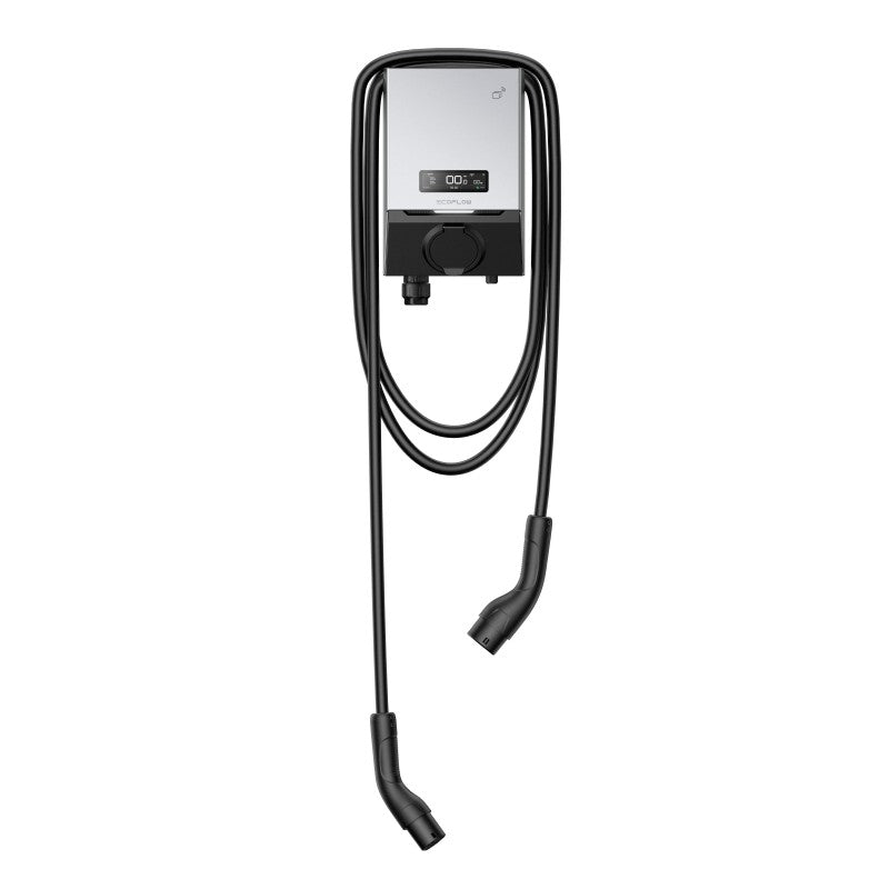 EcoFlow PowerPulse 2 EV charger straight-on view with LCD readout, ECOFLOW logo, Type 2 socket and full tethered cable hanging down in twin-loop pattern