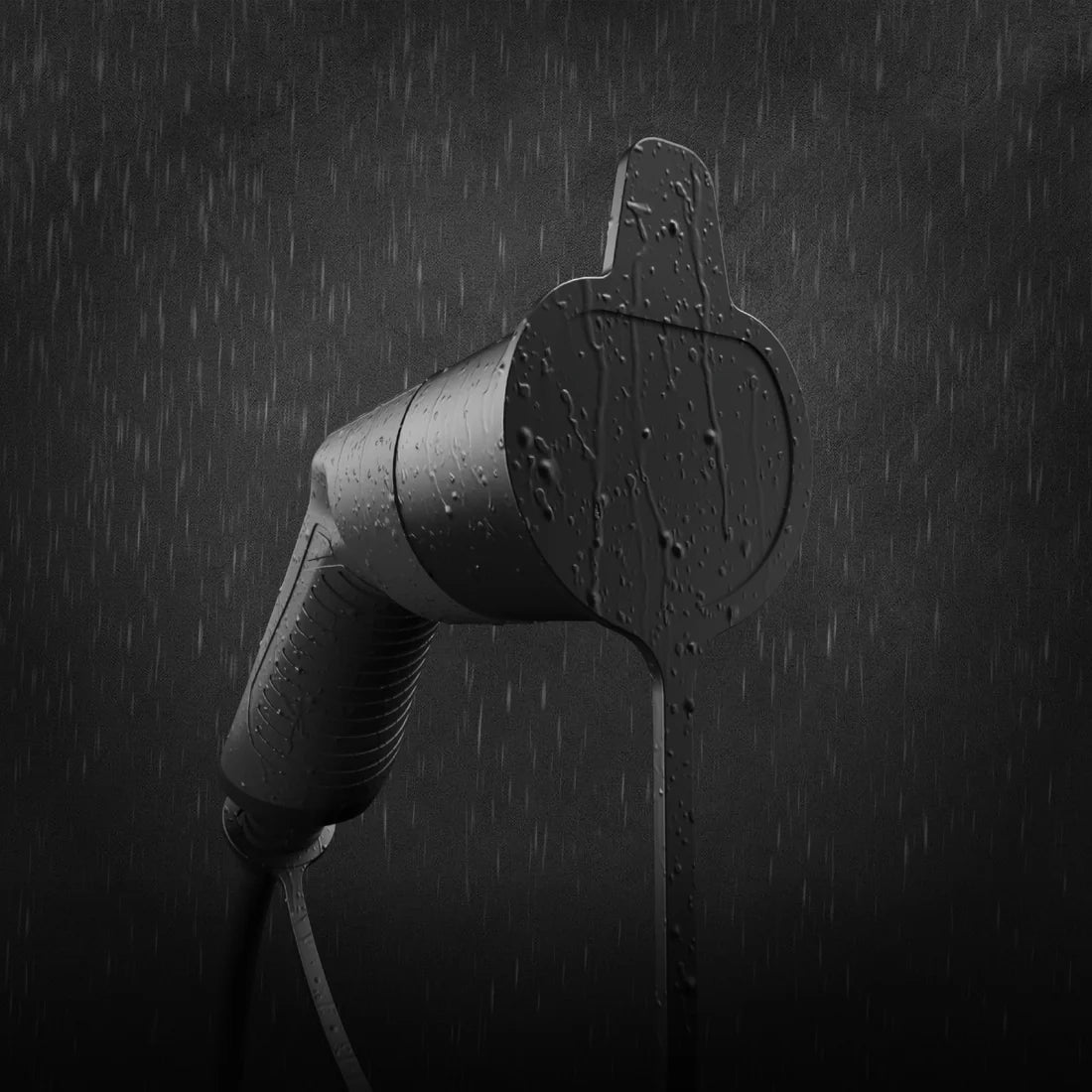 Type 2 EV charging cable connector in black with weatherproof socket cover closed and water droplets in rain, durability product shot