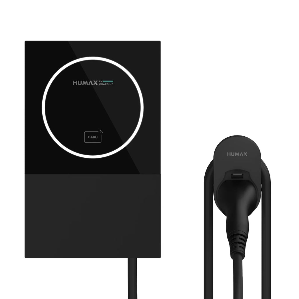 Humax MX7 7kW tethered home EV charger in black with white LED ring beside detached Humax-branded Type 2 connector and cable, product layout