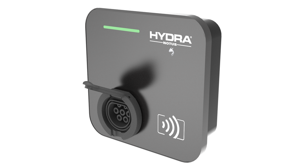Hydra Notus untethered home EV charger in charcoal grey, three-quarter view with HYDRA NOTUS logo, dragon claw mark, green LED bar, Type 2 socket with cover open and RFID reader