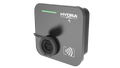 Hydra Notus untethered home EV charger in charcoal grey, three-quarter view with HYDRA NOTUS logo, dragon claw mark, green LED bar, Type 2 socket with cover open and RFID reader