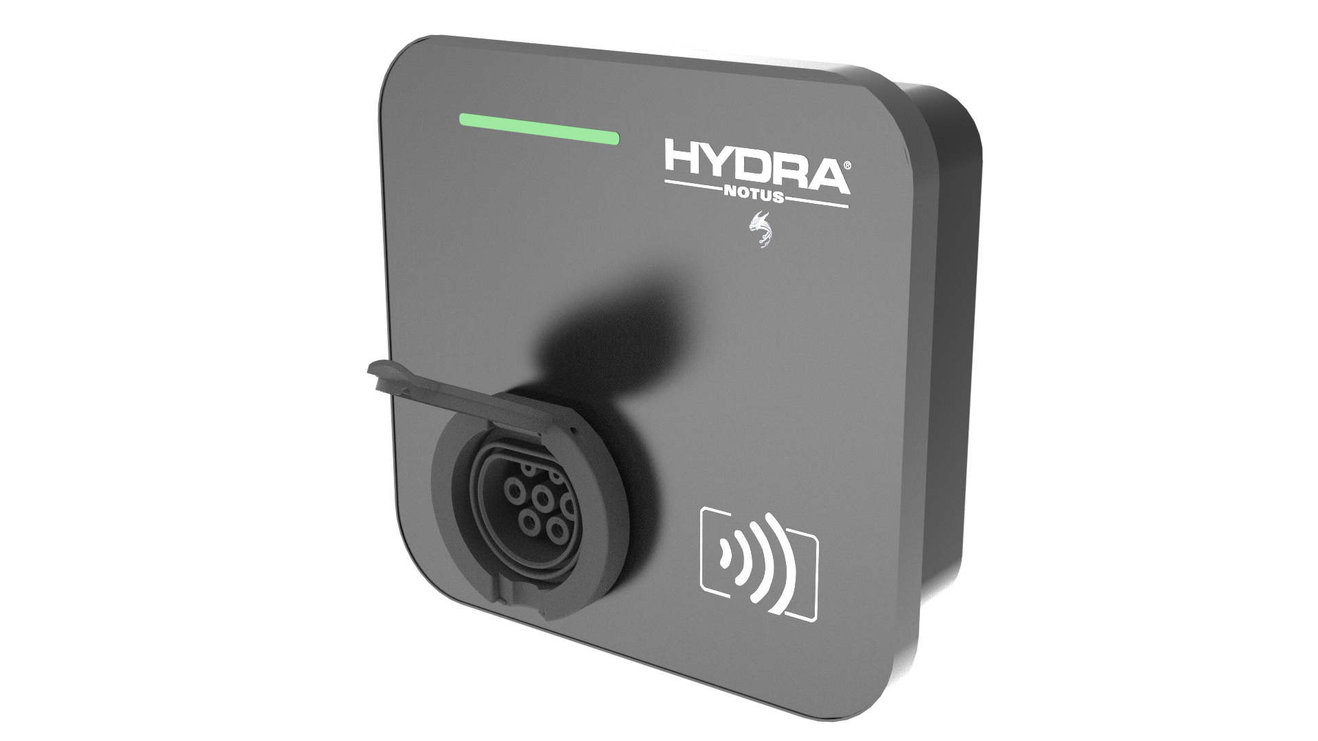 Hydra Notus untethered home EV charger in charcoal grey, three-quarter view with HYDRA NOTUS logo, dragon claw mark, green LED bar, Type 2 socket with cover open and RFID reader