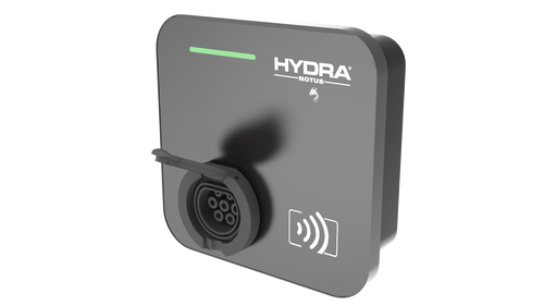 Hydra Notus untethered home EV charger in charcoal grey, three-quarter view with HYDRA NOTUS logo, dragon claw mark, green LED bar, Type 2 socket with cover open and RFID reader